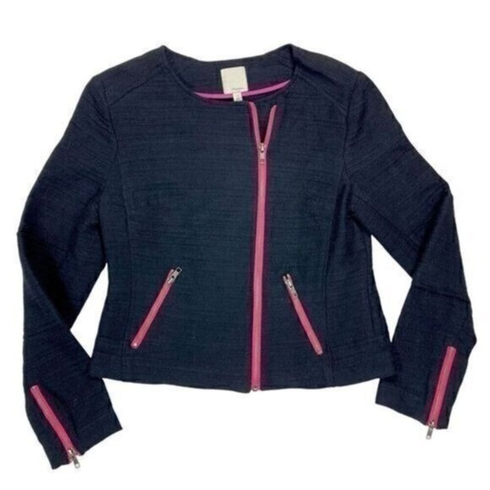 Halogen Tweed Full Zip Moto Jacket Womens S Navy Blue Pink Trim Biker Edgy Y2K